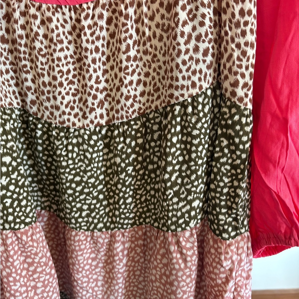 ODDY Hot Pink and Brown Tiered Long Sleeve Dress - Picture 5 of 6